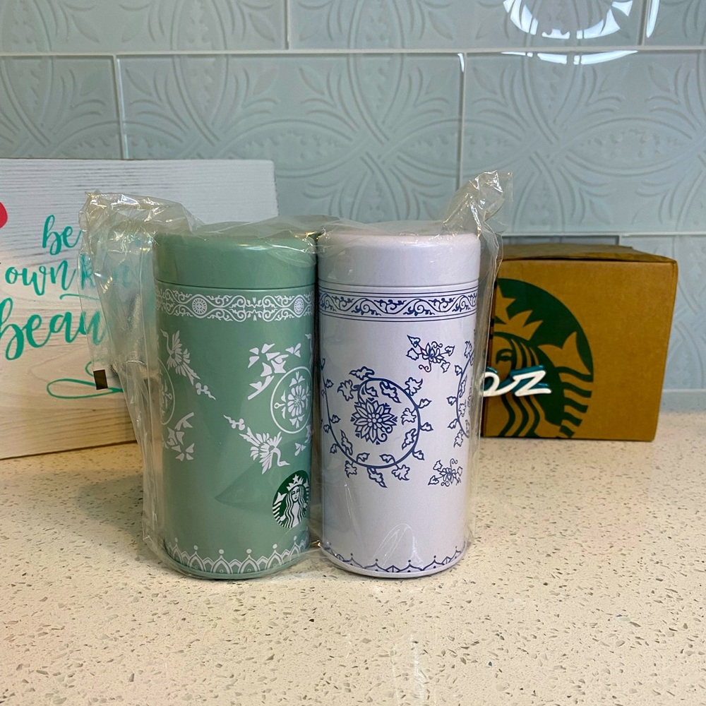 SET of Starbucks White & Green Oriental Tin Cans, China